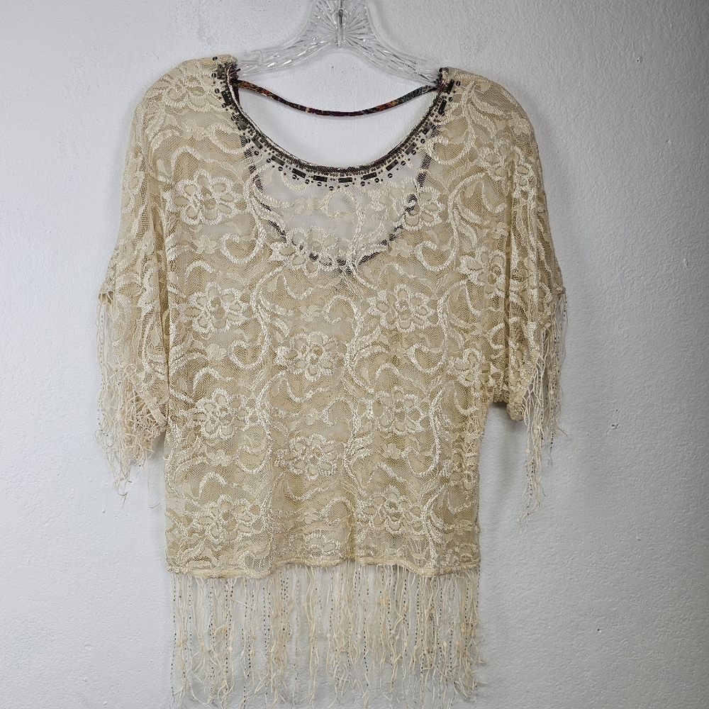 BKE by Gimmicks  Dolman Sleeve Lace Top Sparkle Fringe Sz XS Country Hippie